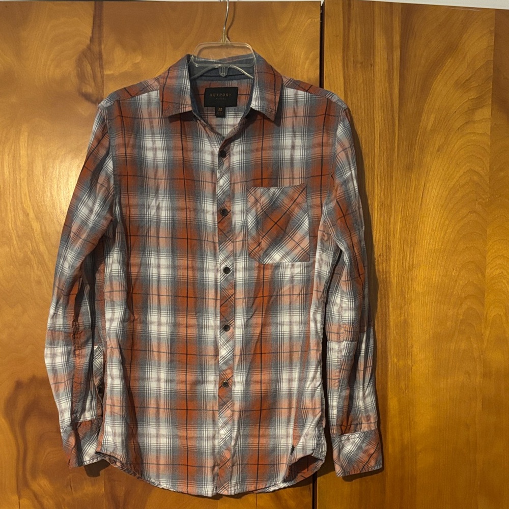 Outpost Men's Casual Plaid Shirt - Orange and Gray M EUC